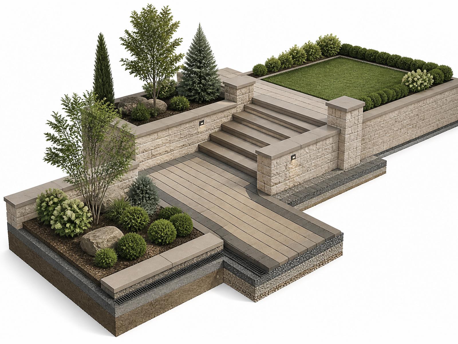 Maquette 3D interactive — muret, marches, pavé, gazon et plantation